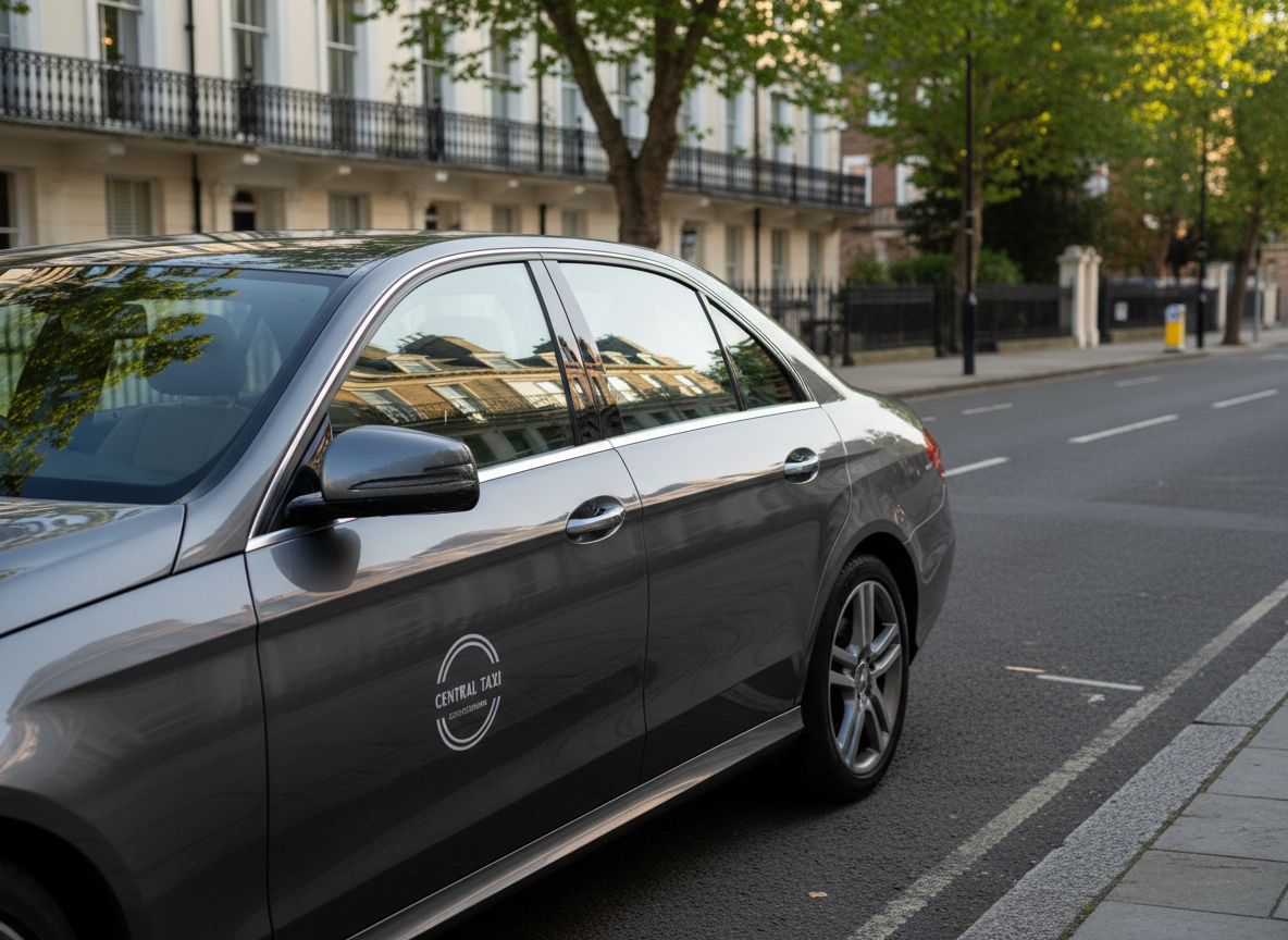 A meticulously maintained dark-silver executive saloon taxi with a subtle Central Taxi Cheltenham logo on the door, parked neatly at the edge of a clean, tree-lined Cheltenham street. The polished bodywork reflects the surrounding Georgian architecture and crisp road markings. Late afternoon natural light gives a gentle, professional glow, creating soft highlights along the car’s contours and controlled shadows beneath. Shot at eye level with a slight three-quarter angle, the composition follows the rule of thirds, keeping the vehicle dominant while the background remains gently blurred. The photographic realism emphasizes reliability and professionalism, with a calm, orderly atmosphere suggesting punctual, trustworthy service anywhere in Cheltenham and Gloucestershire.